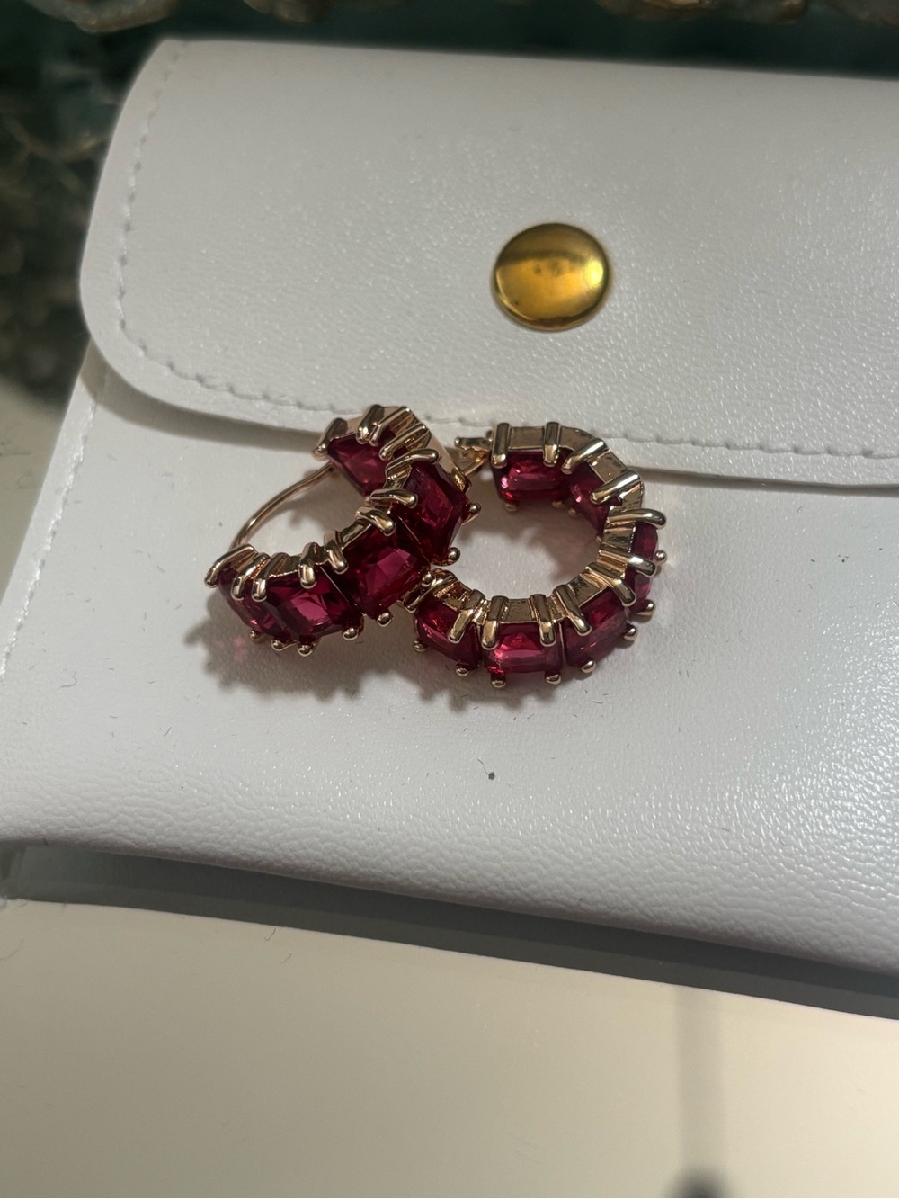 Gold Hoop Earrings with Deep Pink Crystal Accents